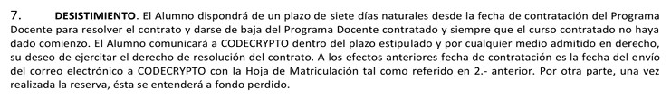 Cláusula de desistimiento en la hora de matrícula de CodeCrypto Academy