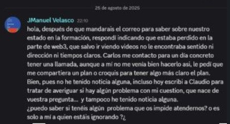 Mensaje en Discord solicitando una aclaración pertinente sobre por qué no recibía respuesta