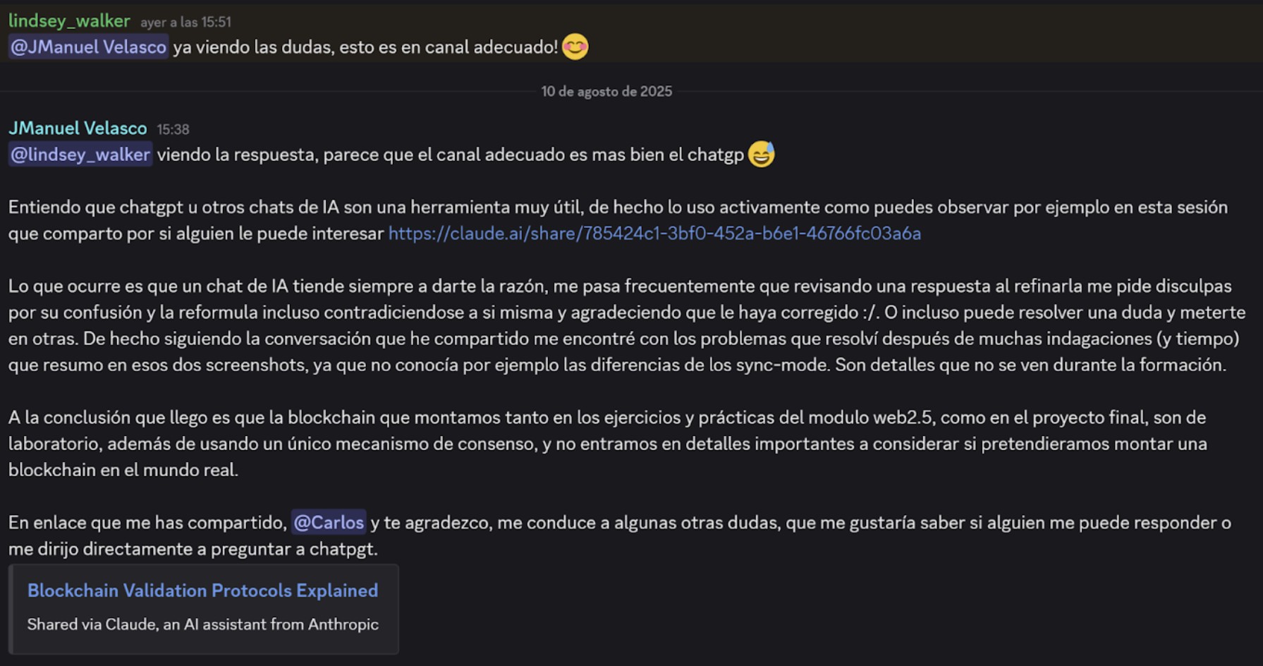 La conversación con CodeCrypto Academy en Discord al respecto de la respuesta recibida